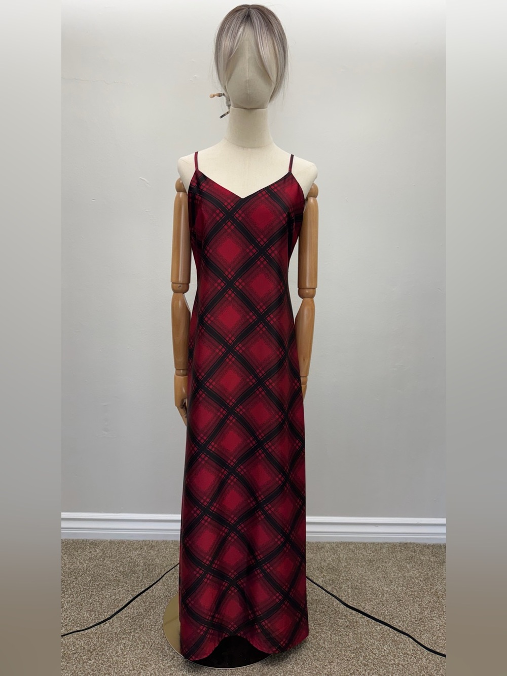 Rachel Zoe Red Plaid Maxi Slip Dress Size Small Spaghetti Strap Satin
